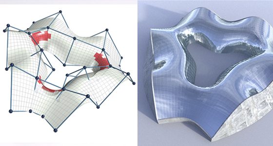 Freeform surface with its control network, beside a reflective sculpted form