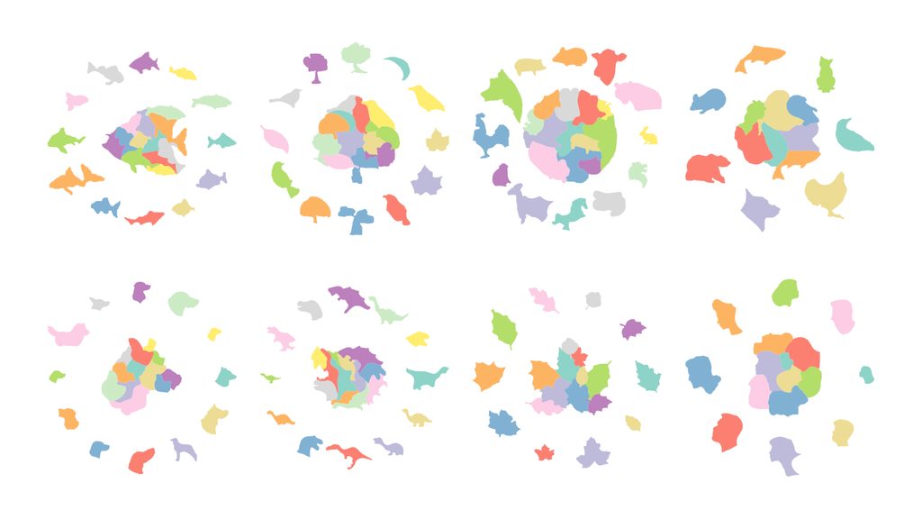 Sets of generated whimsy jigsaw pieces, each piece shaped like an animal or object